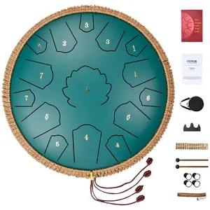 VEVOR Steel Tongue Drum, 14 in 15 Notes, Rain Drum for Outside Garden, D Major Key, Tank Drum with 2 Mallets Carry Bag, Hand Pan Drum Percussion Instrument for Musical Education Yoga, Green