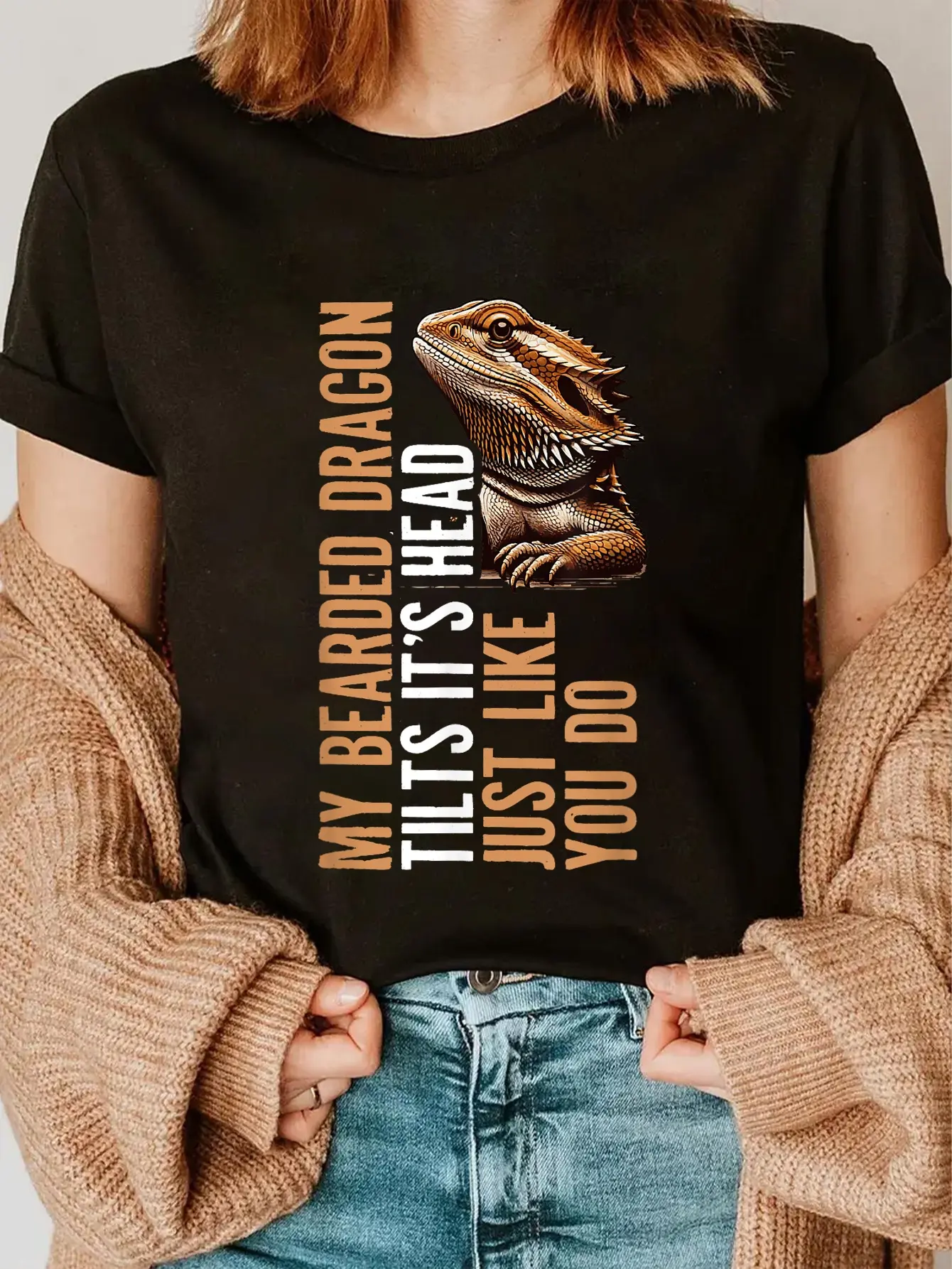 Women's 100% Cotton Crew Neck Short-Sleeve T-Shirt - Funny Bearded Dragon Head-Tilt Design, Vintage Streetwear Casual Top for Reptile Keepers, Everyday Large Womenswear Tee