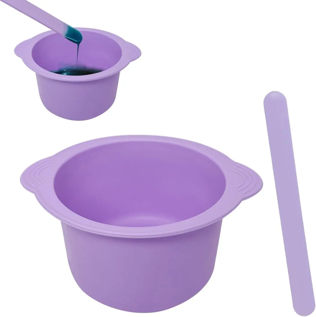 Purple Silicone Waxing Bowl and Liner Set, Heat Resistant Non-Stick Pot for Facial & Body Care, Reusable for Easy Cleanup with Spatulas