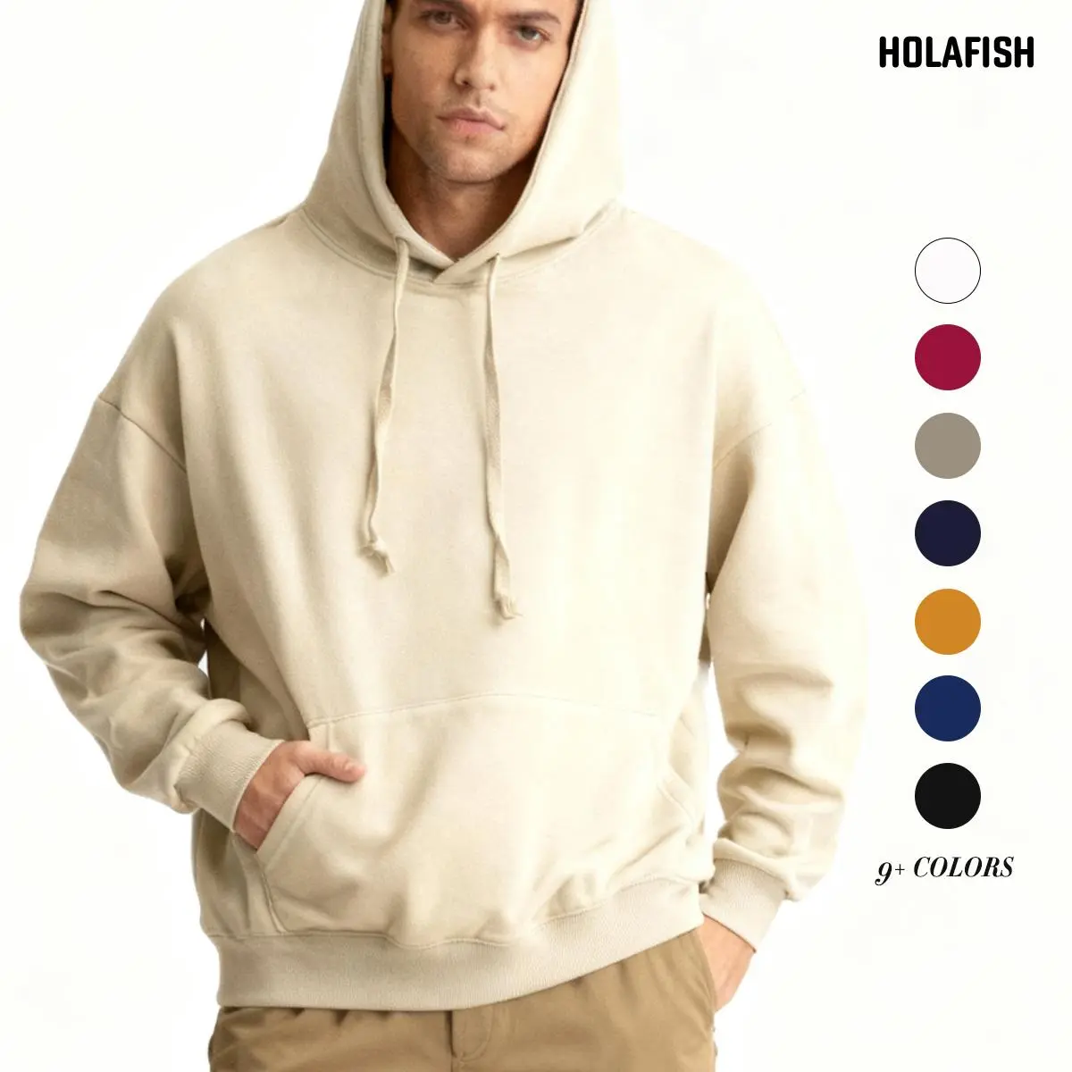 Holafish Men's Ribbed Cotton Hoodie - Unisex Fleece, Soft Comfy Long-Sleeve Loose-Fit Pullover with Kangaroo Pocket, Casual 2025 Winter Jeans-Matching Cozy Top