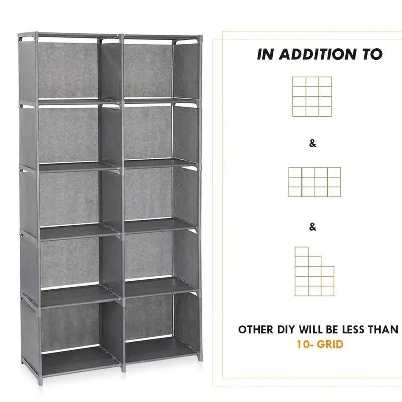 Freestanding Simple Bookshelf - 10 Compartments, Detachable Book Rack, Indoor Home Furniture Shelves for Bedroom with Bedroom Storage for Home Library Use Book Display Stand