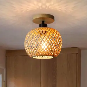 Handmade Bamboo Rattan Ceiling Light, Rustic Style Flush Mount Fixture, Ideal for Hallway Light Fixtures Bedroom Entryway Closet, No Bulb Included