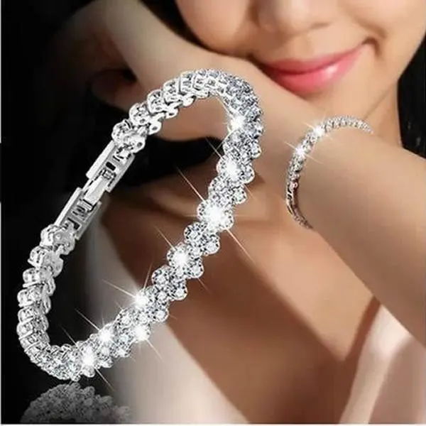 Sparkling Cubic Zirconia Tennis Bracelet, Floral‑Pattern Inlaid Alloy Link Bangle, Elegant Evening Party Wrist Jewelry for Women