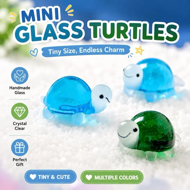 Mini Glass Turtle Figurine – Handmade Crystal Sea Turtle Aquarium Decor | Cute Desk Ornament | Tiny Collectible Gift