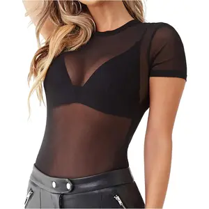 Women's Sheer Mesh See-Through Short-Sleeve Crew Neck Blouse - Casual Boho Soft Clothes, Breathable Basic Top, Clubwear Black