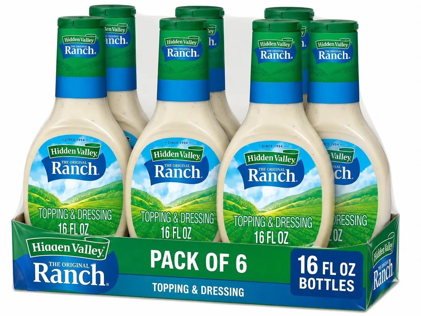 (Pack of 6) Hidden Valley Original Ranch Dressing & Topping, 16 oz Bottle, Creamy Salad Dressing & Dip, Ranch Sauce for Salads, Wings, Pizza, Sandwiches, Vegetables & Snacks