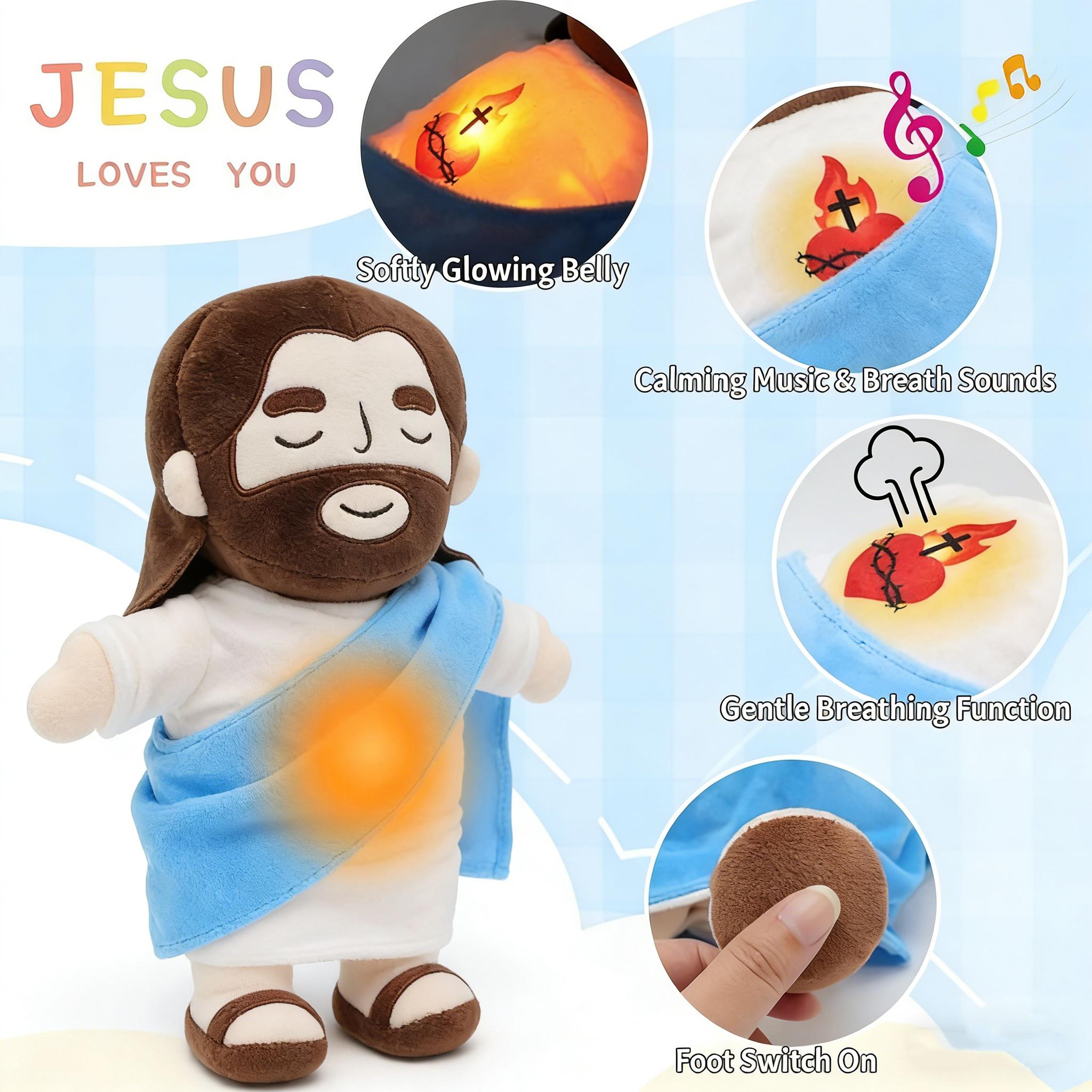 Jesus Breathing Plush Toy with Light & Music, 15" Soft Christian Gift, Easter & Mother's Day Gift for Kids, Baptism Religious Decor