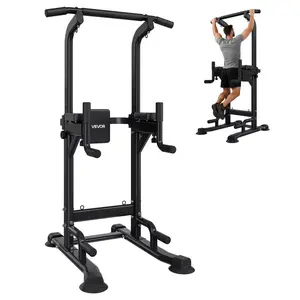 VEVOR Pull Up Bar, 330 LBS Power Tower Dip Station, Workout Dip Station with H-Shaped Stable Base & Back Pad, Adjustable 12 Level Height Free Standing Chin Up Bar for Back, 4-Level Adjustable Back Pad