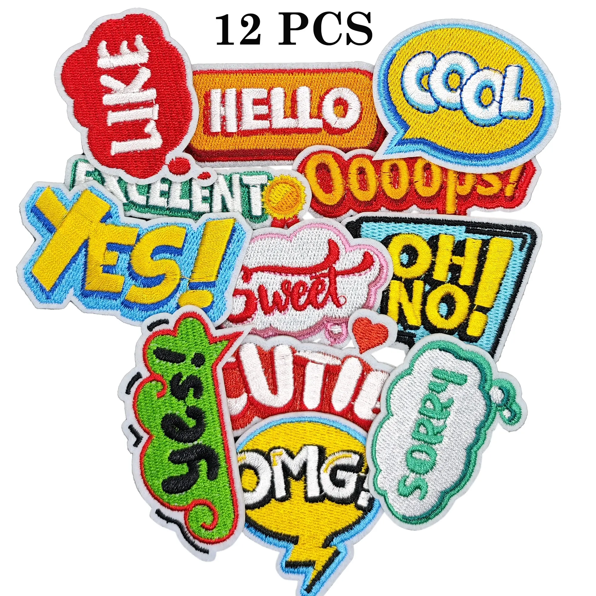12PCS Funny Phrase Iron-On Embroidered Patches with Embroidered Design - Polyester Heat Transfer Applique, Patching Material for Clothing Customization, Sewing Supplies (Yes, Excellent, OMG, Hello, Like, OOOPS), Customizing Clothing, Branding