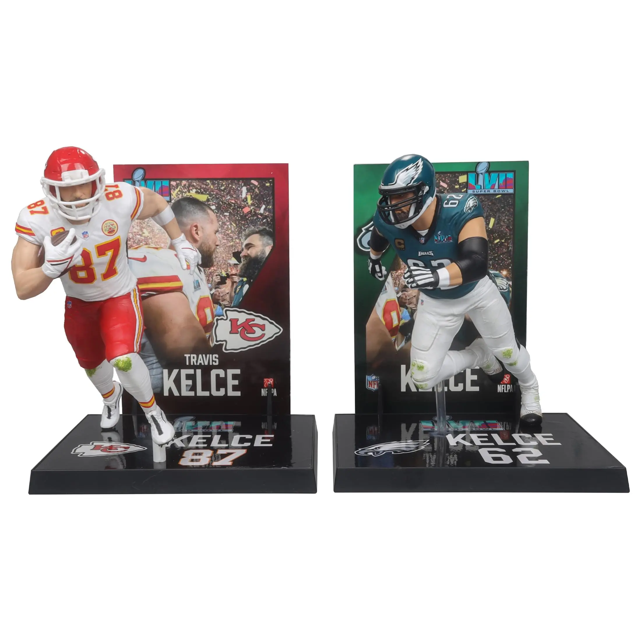 NFL McFarlane Action Figure Set - Travis Kelce & Jason Kelce, 7-Inch Scale, Football-Themed, Includes Helmet, Figure Base, and Backdrop