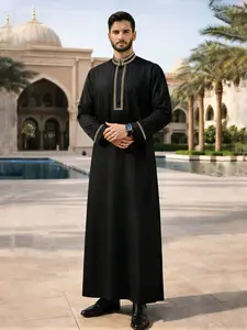 Arabic Islamic Muslim Traditional Clothing, Ramadan Festival Sacrifice Day Classic Men's Stand Collar Modesty Thobe Robe, Suitable for Daily Wear