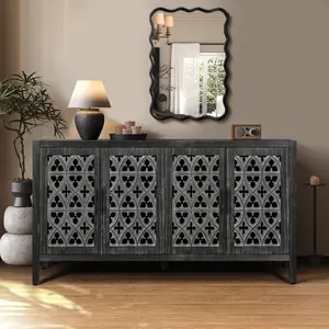 Hollow Four Door Antique Cabinet, American Country Style, Suitable for Living Room, TV Cabinet, Kitchen (Antique Black)   WL