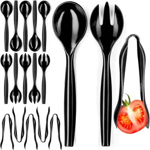 Disposable Plastic Serving Utensils - Set of 18 Black Plastic Utensils, 6 Each 6" Serving Tongs, 10" Serving Spoons, 10" Serving Forks, Buffet Serving Utensils, Party Utensils