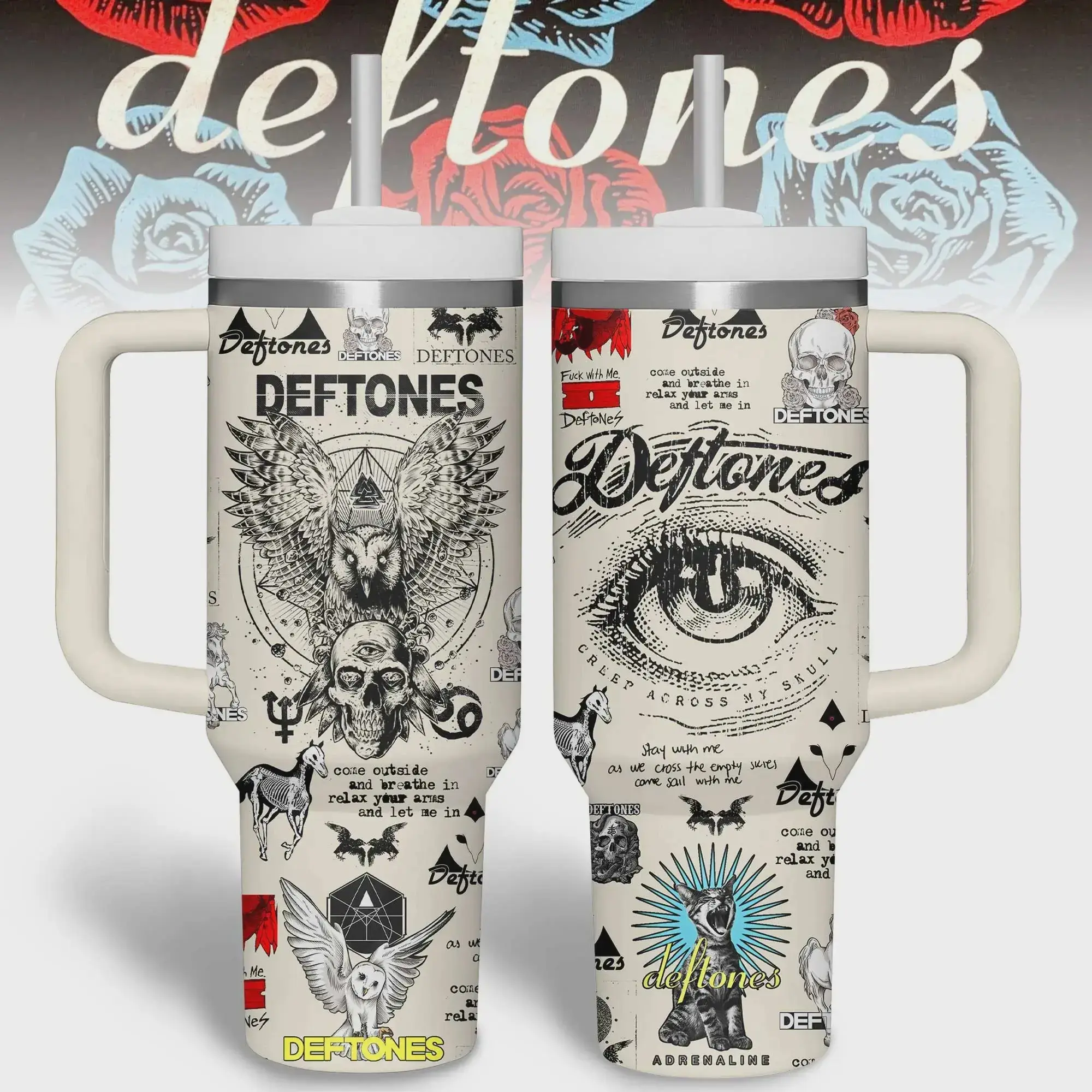 [MADE IN US] Vintage Deftones Music Tumbler Cup, Metal Rock Fan Merch, 40oz Tumbler With Handle