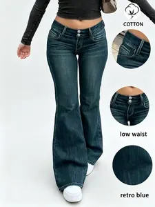 Double Button Low Waist Retro Blue Flare Bootcut Jeans