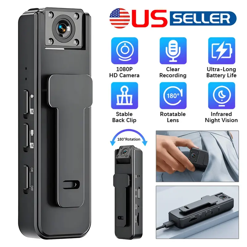 Portable Wearable Action Cam, Wireless Vlog Clip-On Sport DV with 32G Memory Card, 1080P HD Video Recording, Infrared Night Vision, 180° Rotatable Lens, Rechargeable Lithium-Ion Battery, Loop Record for Outdoor Skiing, Cycling (No APP)
