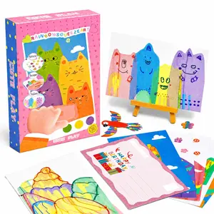 Rainbow Squeeze Art Kit,Creative Scratch & Color Art Set for Kids A total of 35 piece with 20 Drawing Papers 7 Acrylic Paints 6 Watercolor Pens 1 Sticker Sheet & Squeegee Board Perfect for DIY Art & Gifts Easter gifts for children