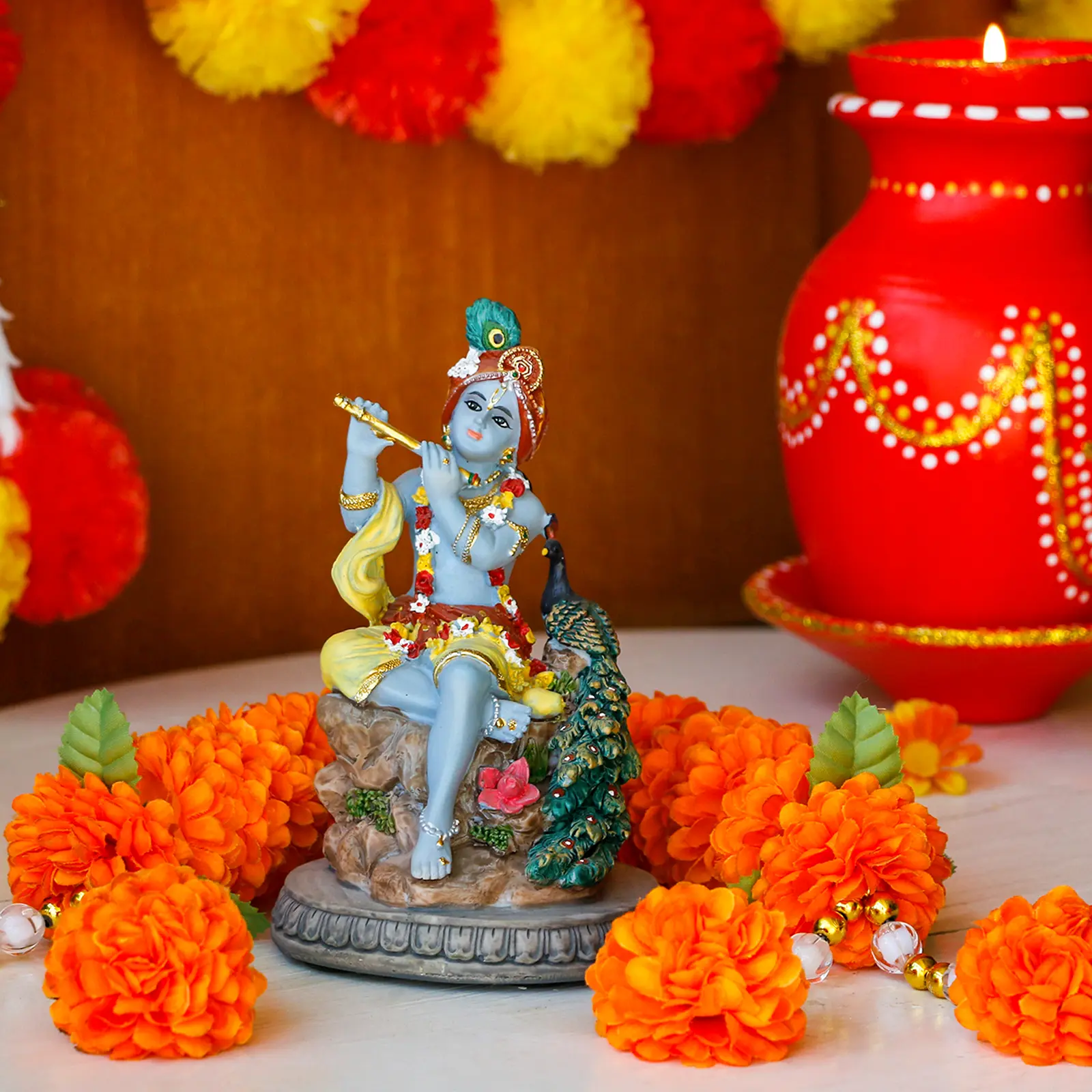 alikiki Hindu God Krishna Statue - 5.5”H India Lord Krishna Idol Play the Flute w/Peacock Murti Item Home Office Temple Mandir Shrine Altar Pooja Decor Diwali Puja Decor Gifts for Indian Friend
