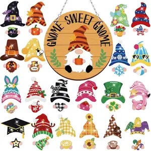 31pcs Diamond Painting Interchangeable Welcome Sign DIY Gnome Sign Fun Holiday Seasonal Gnome Hanging Door with Magnet Detachable Hats Cute Gnome Hang for Halloween Christmas Back-to-school, Birthday Party, Home Wall Office Living Room, Farmhouse Porch