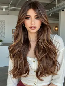 Chestnut Brown Balayage Long Wavy Wig with Curtain Bangs | Natural Looking Heat Resistant Synthetic Soft Hair Synthetic Curly Wigs