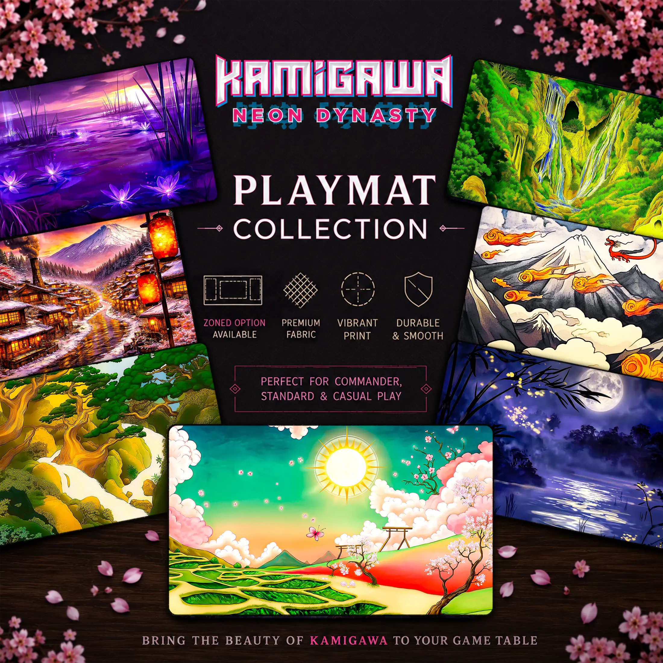 Kamigawa Neon Dynasty Playmat Collection, Japanese Fantasy Land Art TCG Playmat, MTG Playmat and Mouse Pad Set