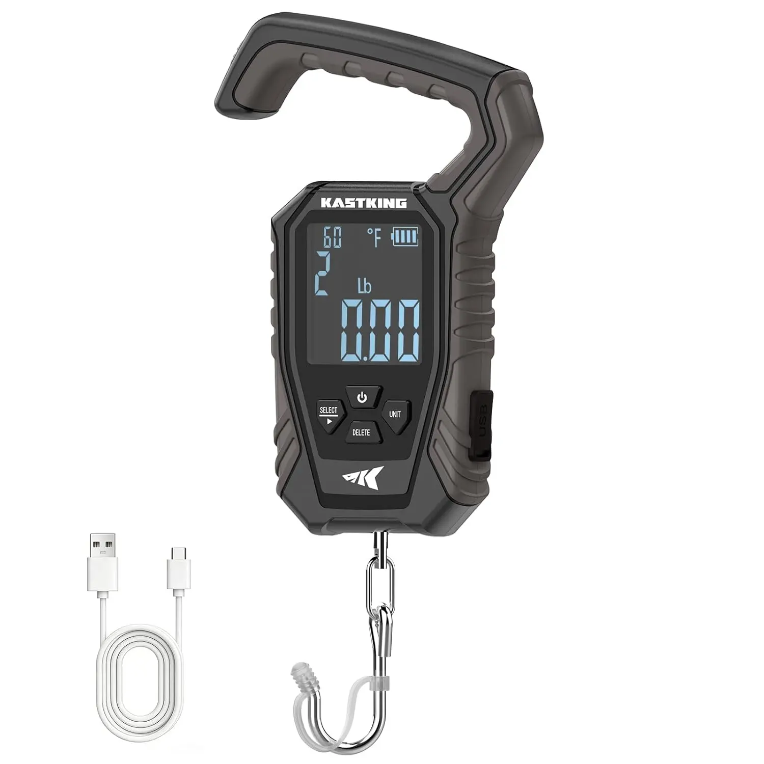 KastKing Weighmaster Digital Fish Scale with Lip Gripper, Orange | 120 lb Capacity, 2.5" Backlit Display, Temperature Detection, High-Precision Sensor, 9 Weight Memory, lb/oz/kg Multi-Modes