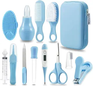 Baby Healthcare & Grooming Kit - Baby Safety Set Comb, Brush, Finger Toothbrush, Nail Clippers, Scissors, Nasal Aspirator - Nursery Care Kit (Blue)