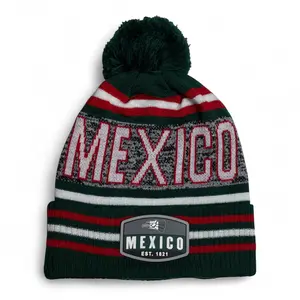 Hecho en Mexico Eagle Pom Beanie Winter Hat - Green, White, Red Striped Knit Cap with Mexico Patch