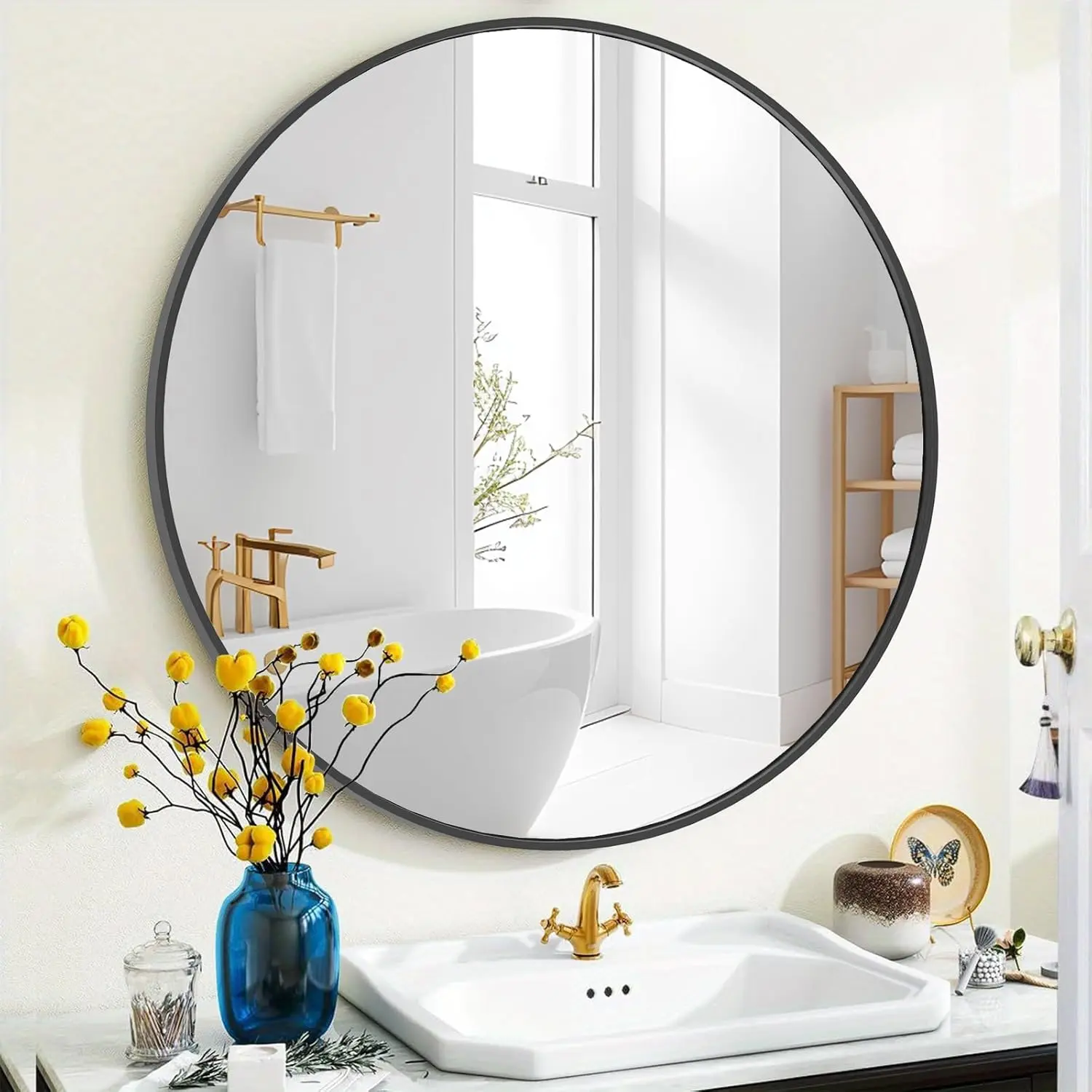 Round Wall Mirror 20/24/30 Inch, High-Definition Bathroom Vanity Mirror with Silver-Plated Glass, Shatterproof with Blast-Proof Film, Aluminum Alloy Frame Moisture Resistant, Easy to Install for Entryway Living Room