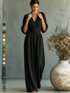 Summer new fashionable and high-end V-neck one-piece wide leg pants with cinched waist for slimming effect Bubble sleeve design is suitable daily travel outdoor lawn banquets light wedding outfits afternoon tea easy care