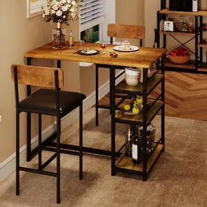 Dining Table Set for 2, Bar Table and Chairs for 2, Kitchen Table Set with 2 Upholstered Chairs, 3 Large Storage Shelves, Pub Table Set for Small Space, Apartment, Breakfast