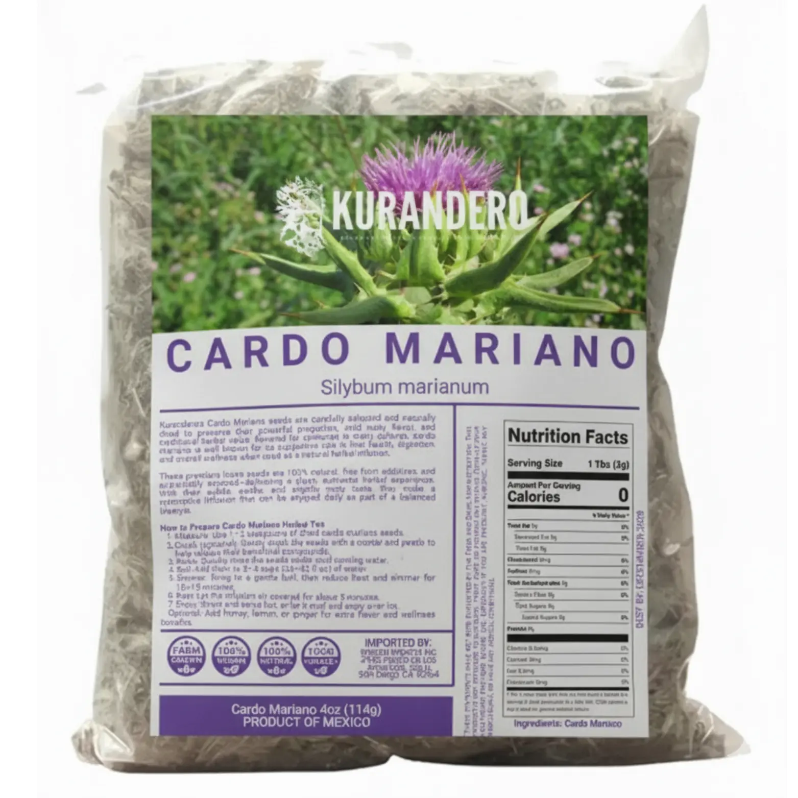 VIRAL KURANDERO Cardo Mariano-4oz (113gr) is 100% natural, vegan, and additive-free. Rich in antioxidants, it supports liver health and digestion. Enjoy as a soothing herbal tea or daily wellness boost for natural detox and overall vitality.