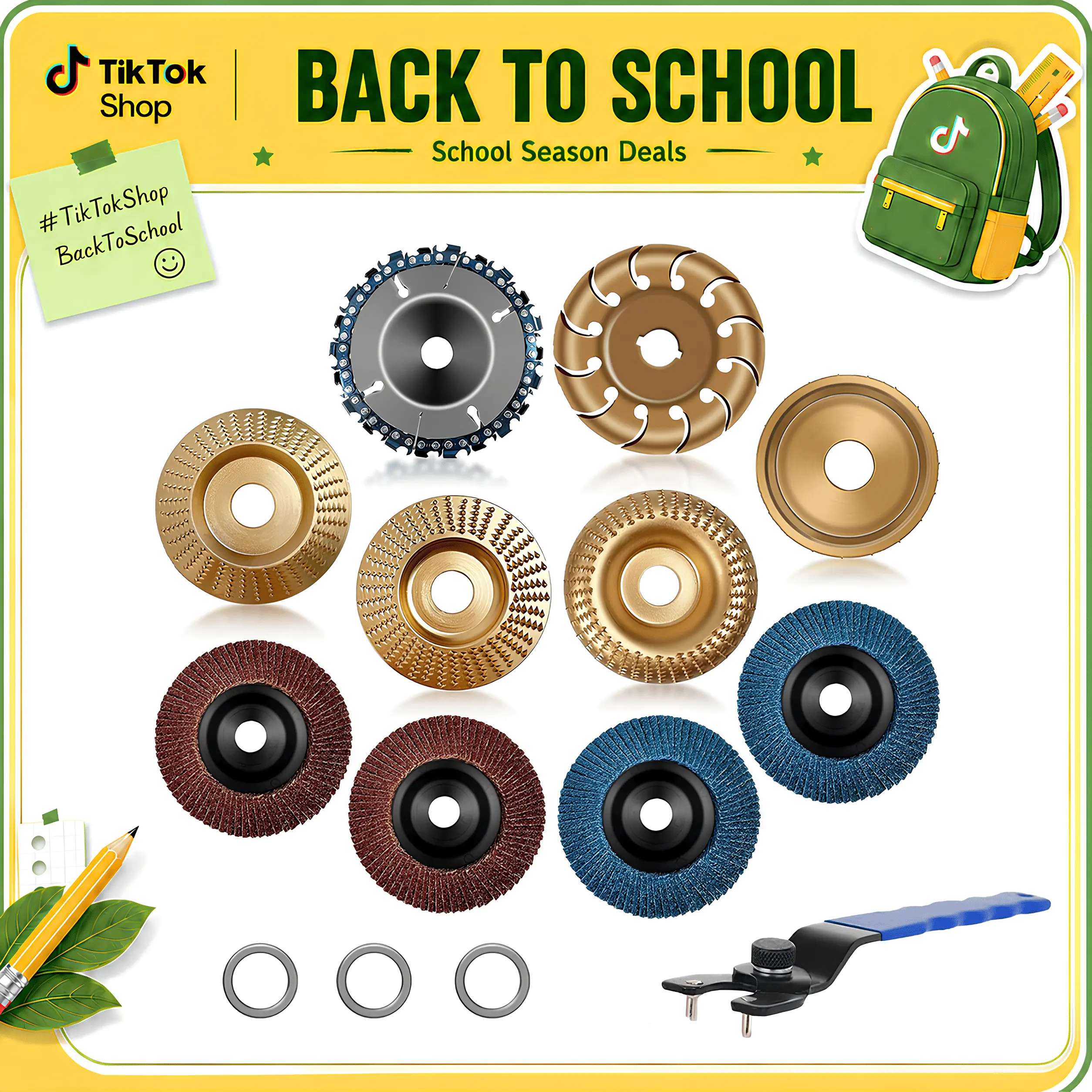 14-Piece Carbon Steel Wood Carving Disc Multi-Use Set for 4"-4.5" Inches Angle Grinders - 60 Grit Stump Grinding Wheels, Multi-Size Grits, 7/8"-5/8" Adapters (Included), Wrench Compatible, Concave/Convex Cut Attachment for Woodworkers’ Cutting Shaping