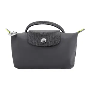 Longchamp Le Pliage Green 17 Cosmetic Bag for Women, Structured Zip-Closure Clutch with Leather Trim, Graphite Gray