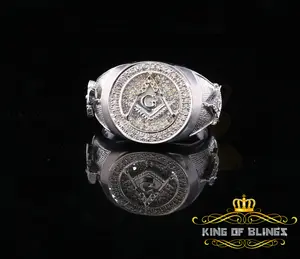 King Of Bling's 925 Sterling White Silver Masonic 0.50 CT Real Diamond Men's Big Ring Size 12