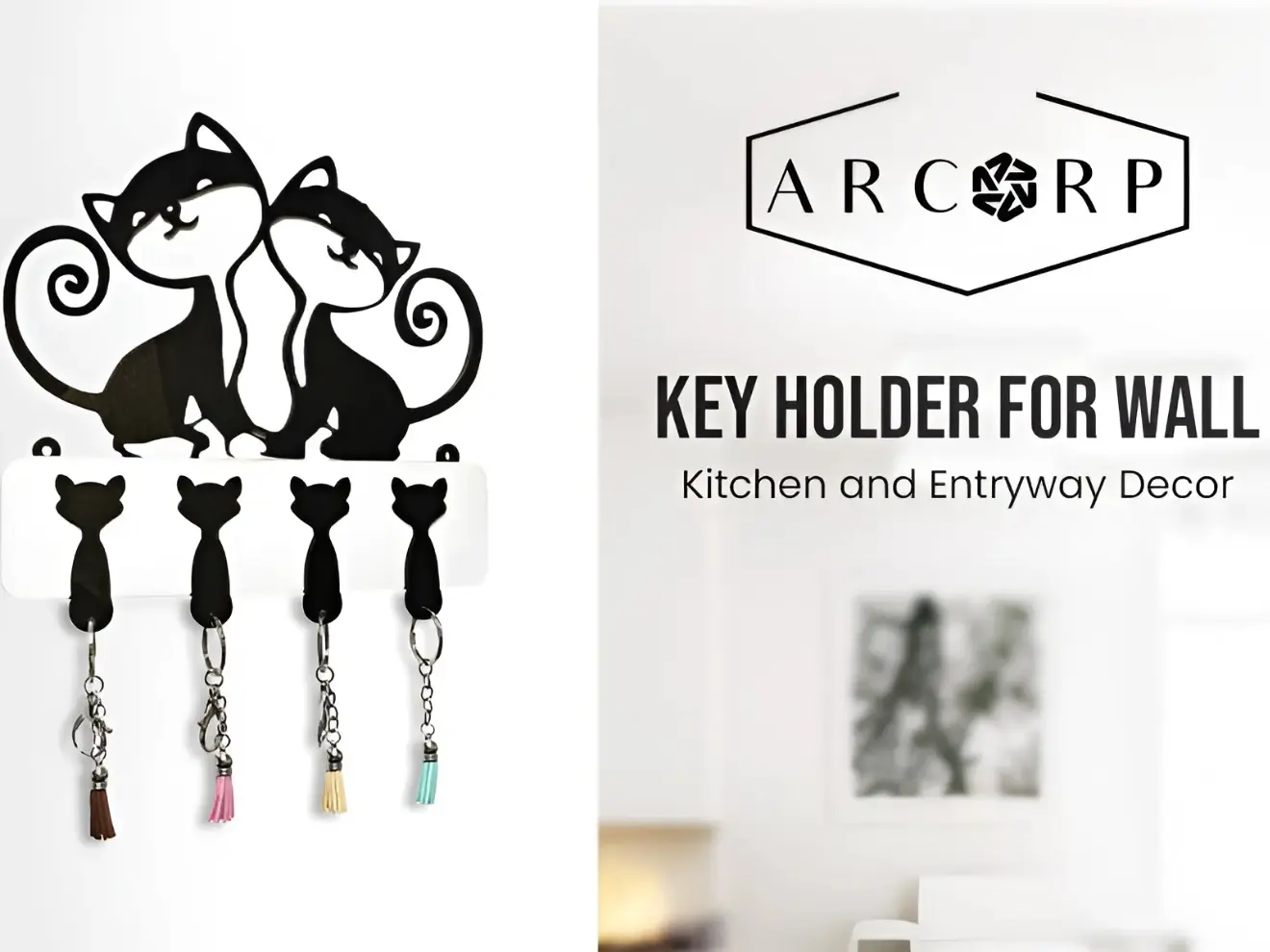 Wooden Cat Key Holder for Wall with Four Cute Keychains, Mounting Hardware - Decorative Handcrafted Cat Puzzle Key Organizer and Home Decor - Eco-Friendly Wood Key Hanger