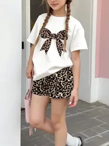 Girls' Vintage Leopard Bow Print Round Neck Short Sleeve Shorts Set, Cute Clothing Set, Casual Outdoor Sports Two-Piece, Spring Summer New Arrival, Casual Outfit Set, Summer Clothes Set, Cute Sets