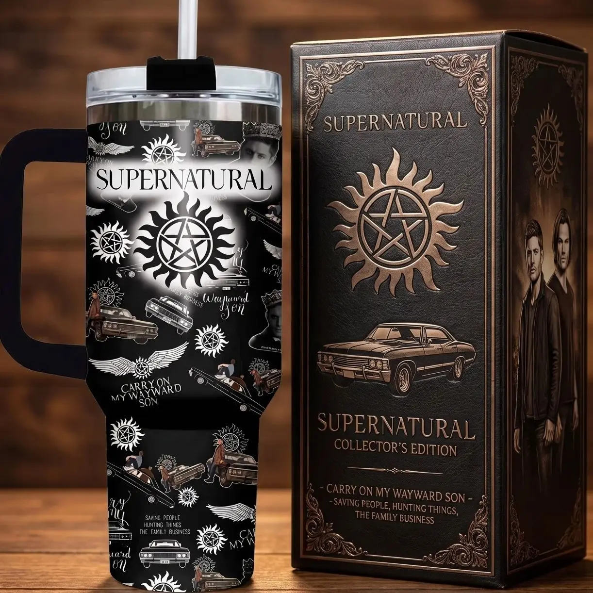 Supernatural TV Show Tumbler with Handle, 40oz Insulated Stainless Steel Travel Mug with Straw, Anti Possession Symbol Dean Sam Winchester Impala Car Cup, Carry On My Wayward Son Saving People Hunting Things Gift Idea for TV Fans
