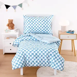 - Toddler Bedding Set for Boys Girls, Cute Gingham Grid Checkered, 4 Pieces Soft Crib Bed Set Including Comforter, Sheets and Pillowcase, Blue White