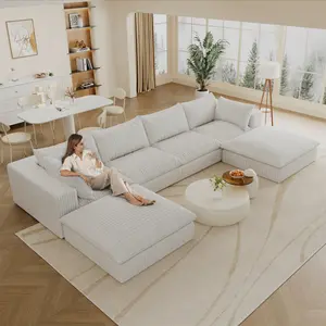 157" Oversized U Shaped Modular Couch Cloud Sofa with Ottoman, Minimalist Deep Seat Sectional Couches for Living Room, Corduroy Upholstery and Down Filled Cushions, No Assembly Required, White