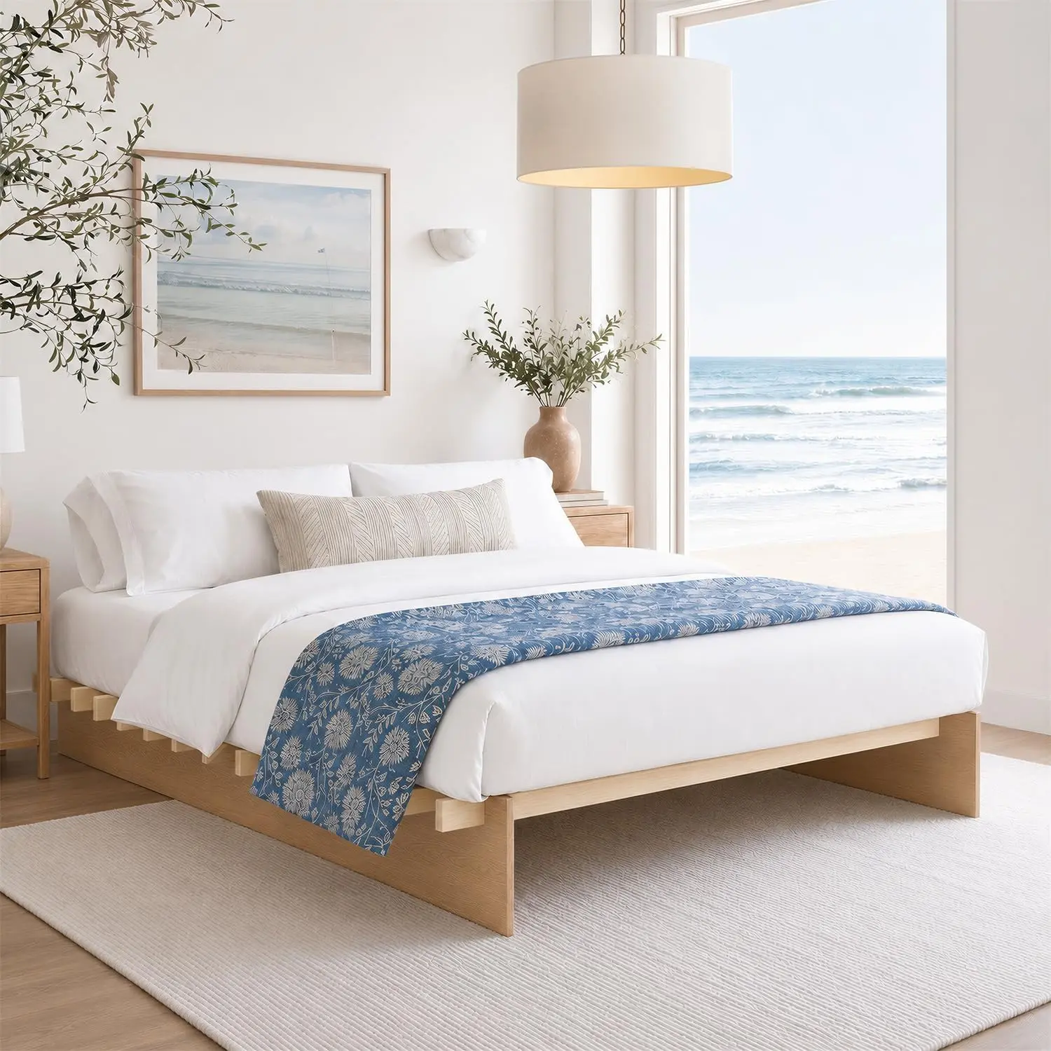 Wood Platform Bed Frame, 3 Min Tool Free Assembly, Solid Wooden Slats, Japanese Joinery, Corner Guards, Underbed Storage, No Box Spring Needed, Natural Oak