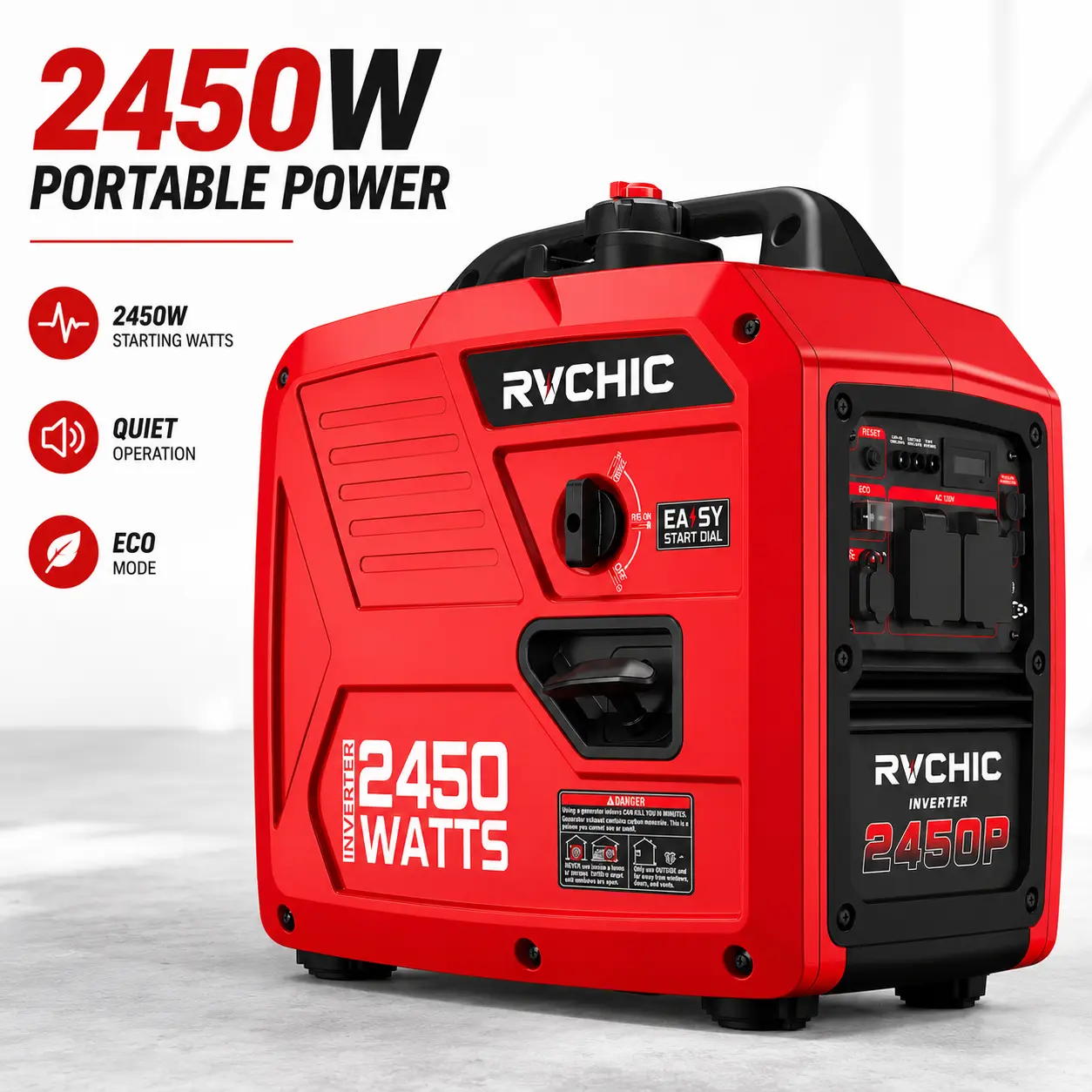 Portable Inverter Generator, Quiet Gas Powered Generator for Home Backup, Camping & RV Use, 1800W Running / 2450W Peak, Easy Start Fuel Efficient Outdoor Emergency Power