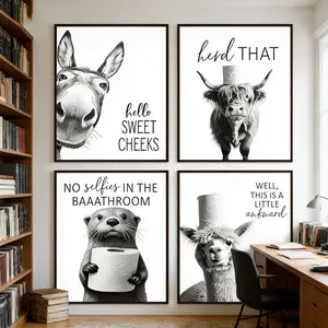 A rural-style poster featuring a donkey and a cow, designed as a playful bathroom wall decoration. With a black-and-white bathroom logo design and charming animal head portraits, it is ideal for adding a fun, whimsical touch to bathrooms and bedrooms.