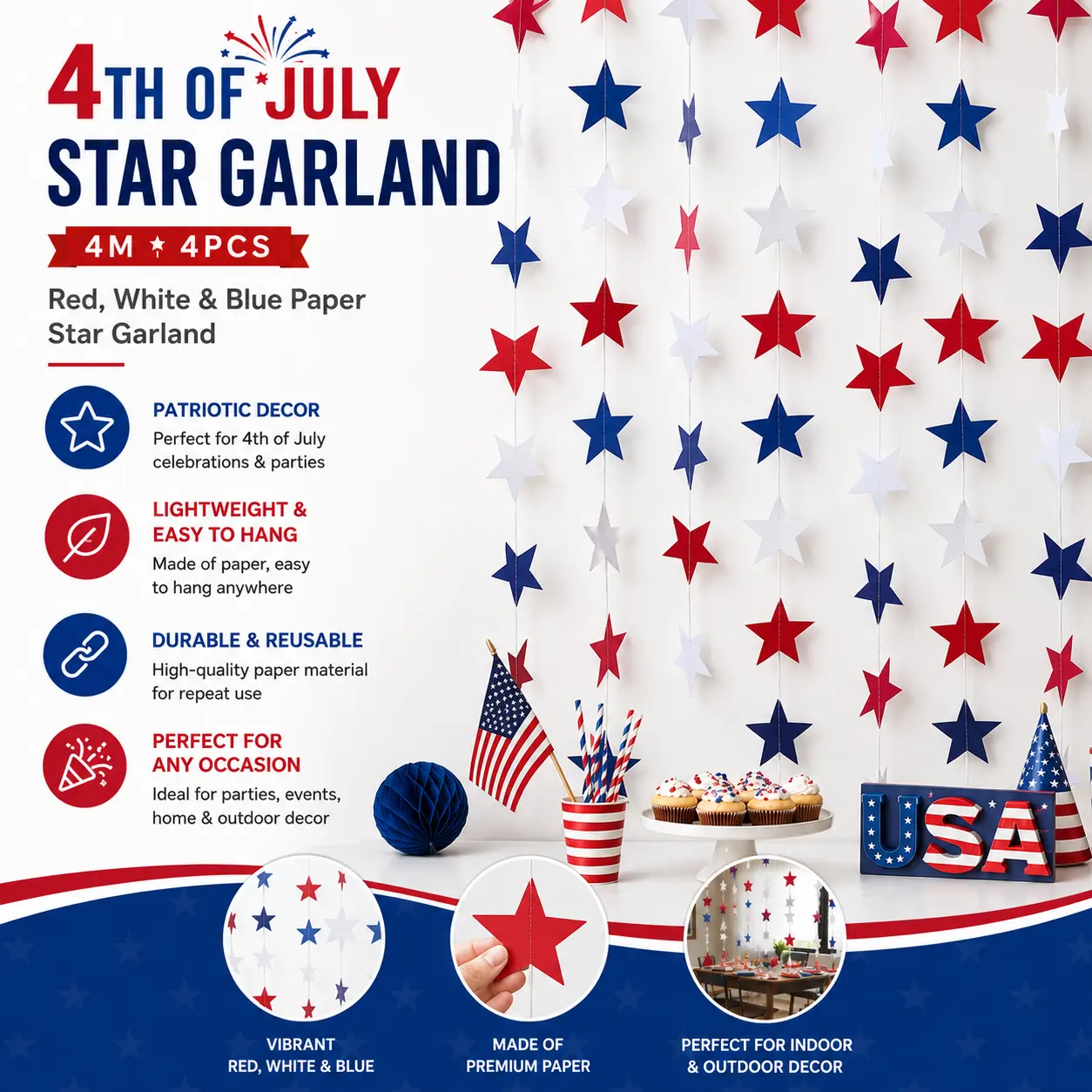 4Pcs Lightweight Paper Patriotic Star Streamers Banner (4M per Pc) - Star Garland Hanging Ornaments, Easy Hang Setup, US Pride, Indoor/Outdoor Anniversary Decor for 4th of July, Memorial Day