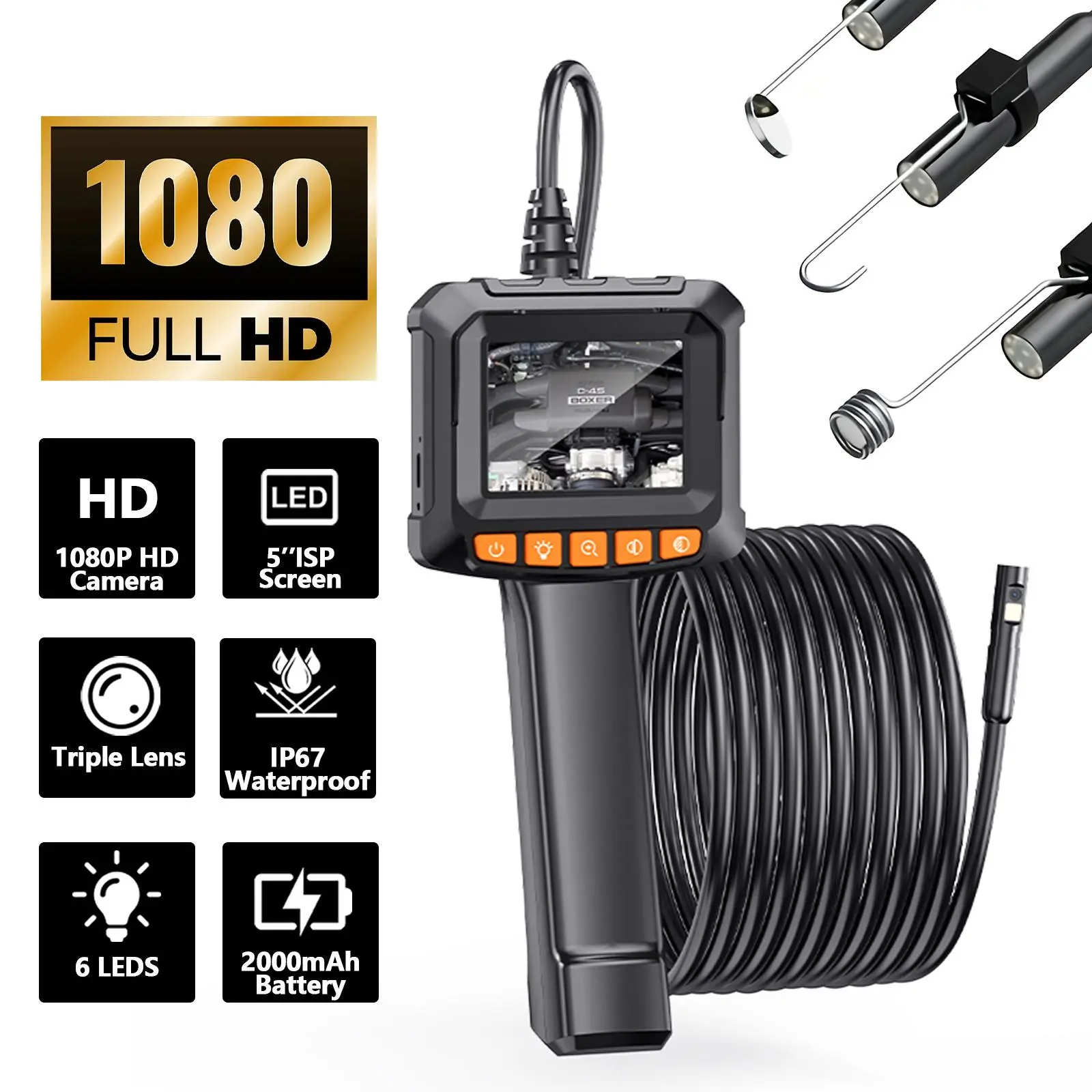 HD 1080P Endoscope Camera for Car Inspection, 2.4" LCD Borescope with 16.5FT Cable, IP67 Waterproof Auto Repair Tool with 8 LED Lights for Mechanics & DIY