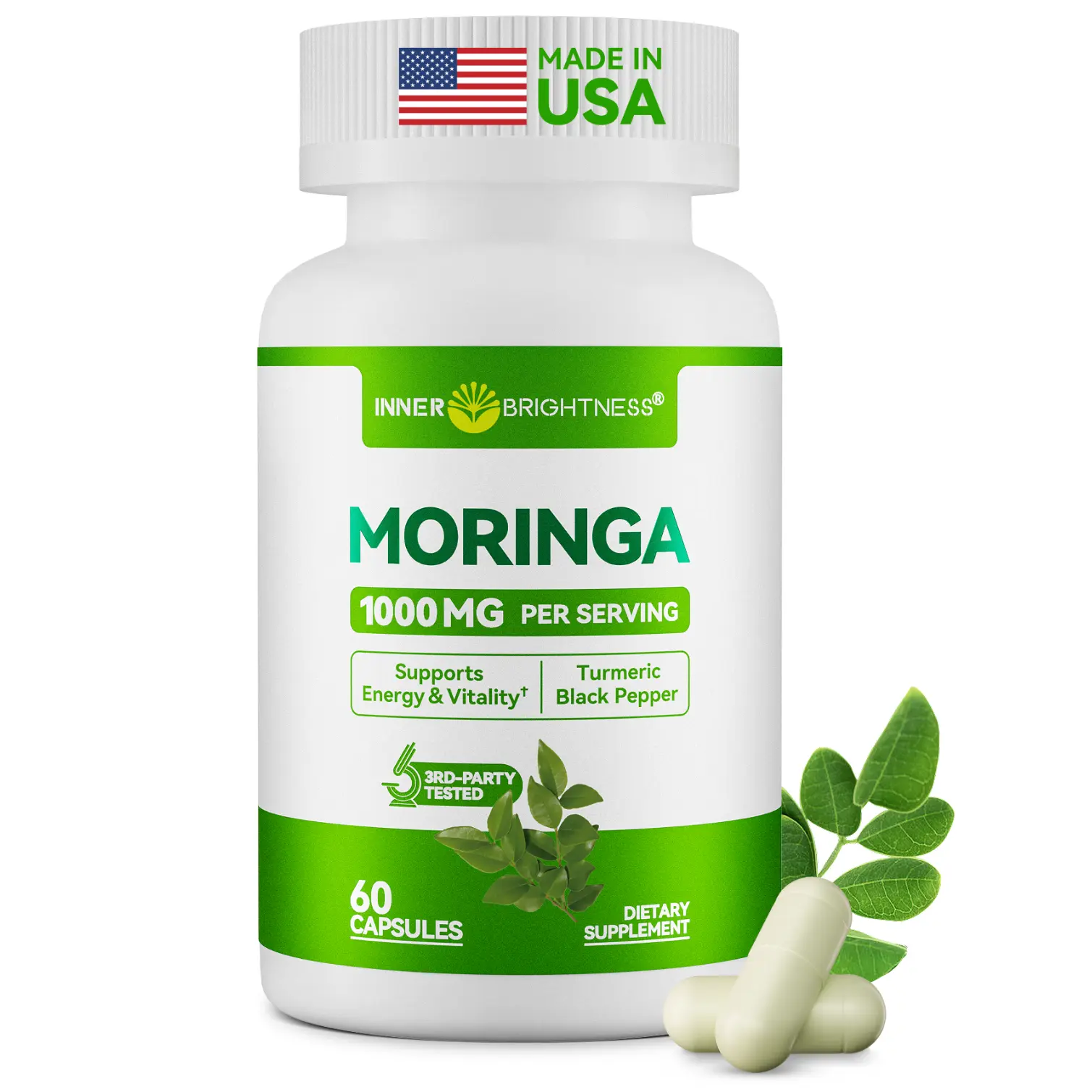 Moringa Capsules 1000mg, Inner Brightness Moringa Leaf Extract + Tumeric + Black Pepper, for Energy & Sleep & Immune & Gut Health, Veg Capsules 60 Count, All-Natural, Non-GMO, Made in The USA