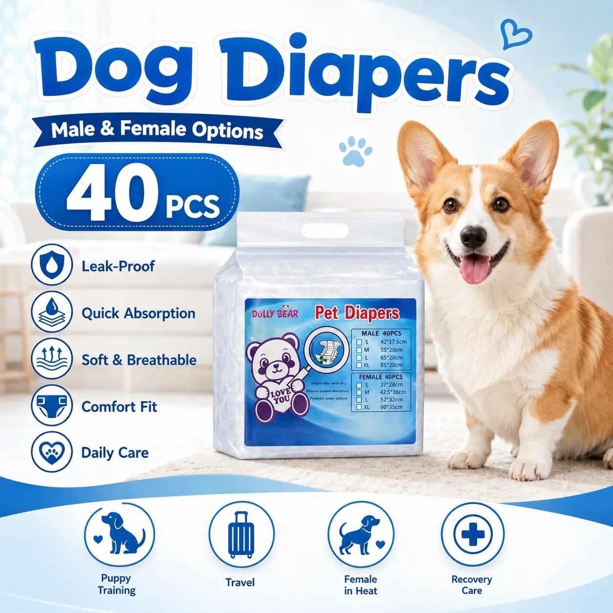 Dolly Bear Pet Dog Diapers 40 Pcs, Instant Absorbent Dry Comfort, Quick Absorption, No Belly Strain, Puppy and Adult Dogs, Female In Heat, Recovery Care, Sizes S-Xl