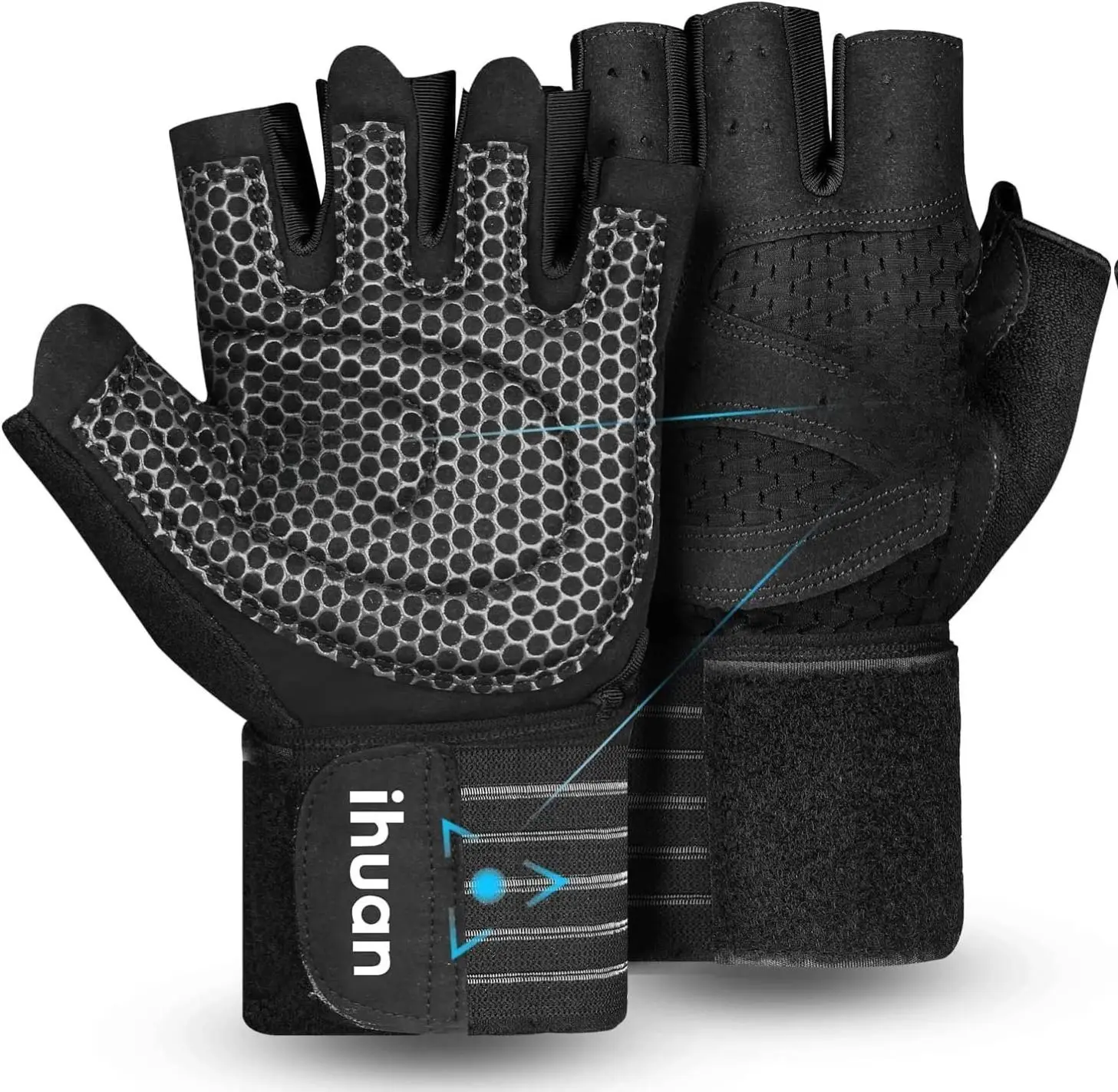 Ihuan Ventilated Weight Lifting Gym Workout Gloves with Wrist Wrap Support for Men & Women Full Palm Protection for Weightlifting Training Fitness Hanging Pull ups