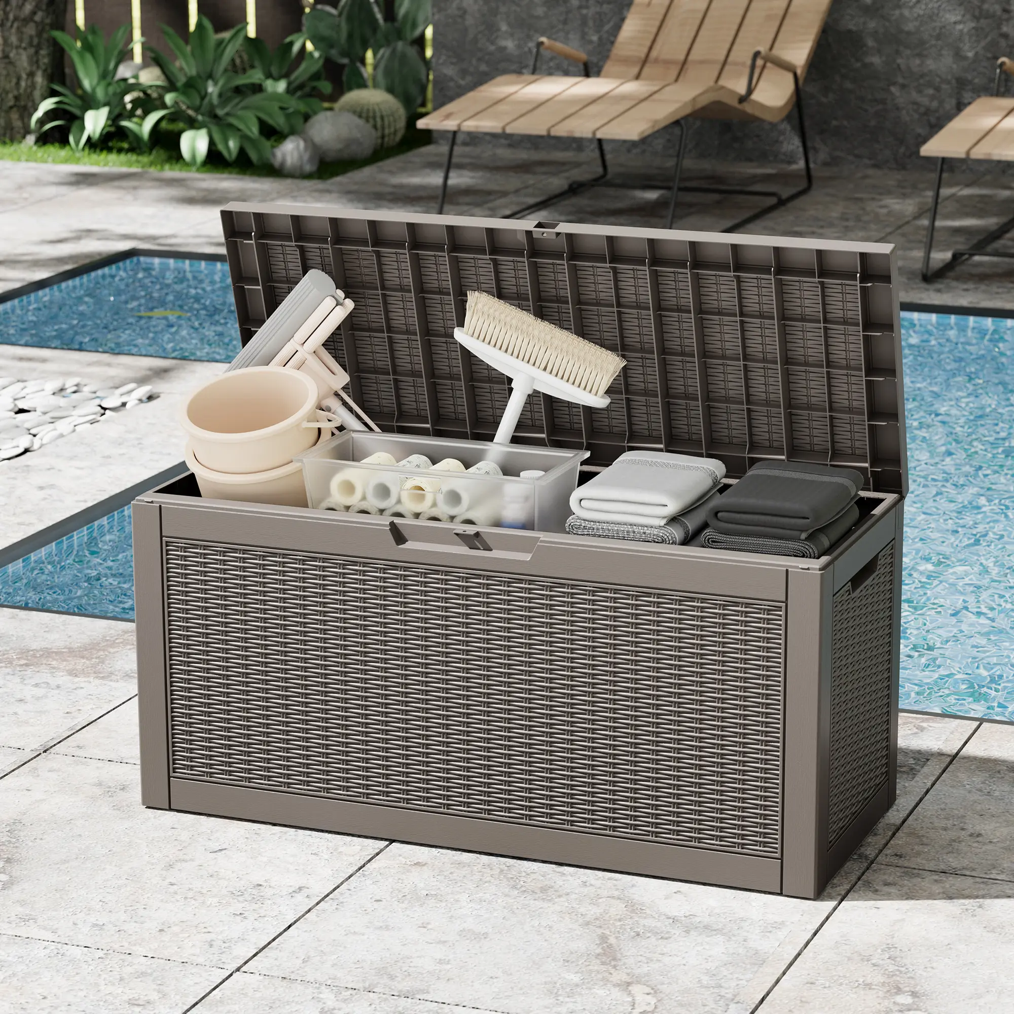 RIWENGO 60 Gal Waterproof Resin Deck Box - Lockable Outdoor Storage Home Accessory for Patio Furniture Cushions, Garden Tools, Outdoor Shelves Furniture