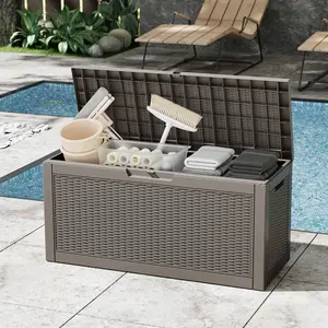 RIWENGO 60 Gallon Deck Box Large Outdoor Storage Box for Patio Furniture Cushions Garden Tools Sports Equipment & Pool Supplies Waterproof Resin Lockable